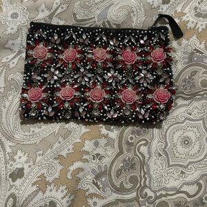 Vintage Embellished Floral Clutch - Black and Pink